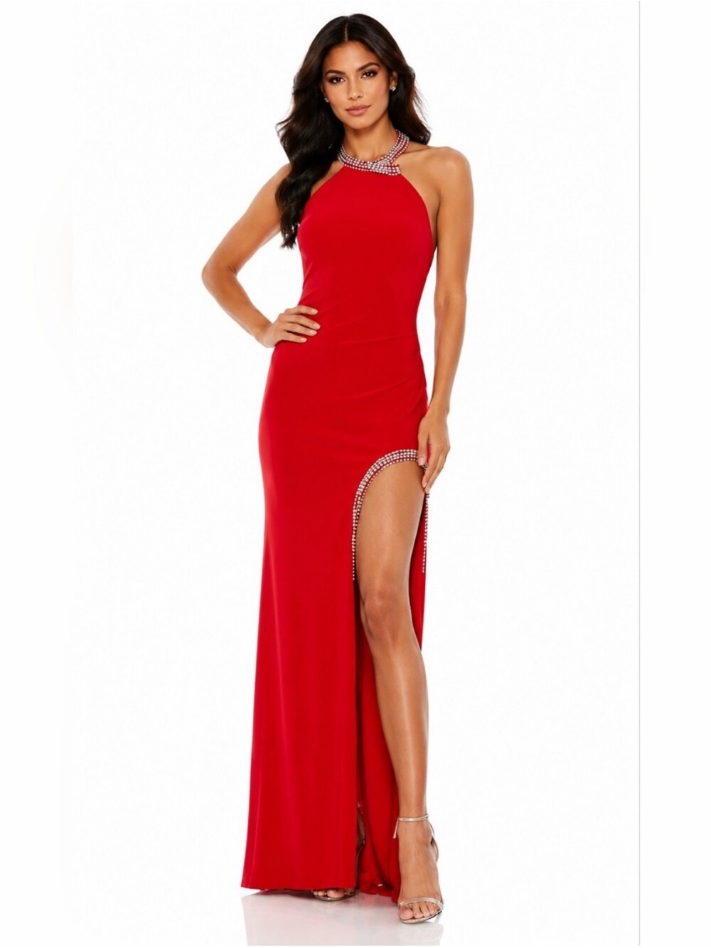 Red Halter Prom Gown with Embellished Trim